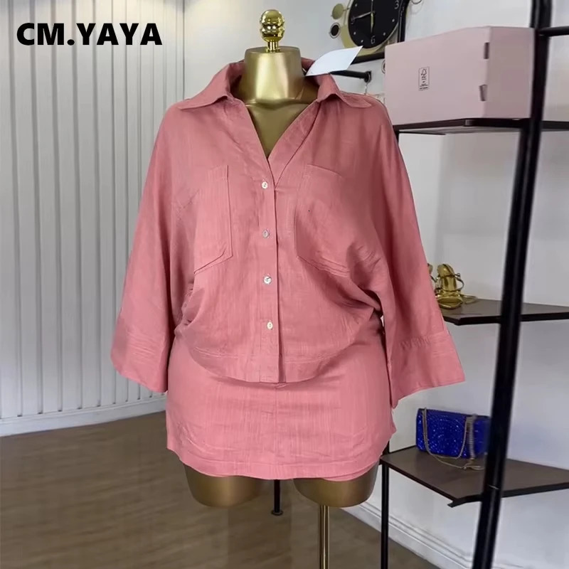 CMYAYA Fashion Womens Set Full Sleeve Turndown Collar Tshirt and Skirts Shorts Chic Two 2 Piece Sets Outfit Tracksuits 251029
