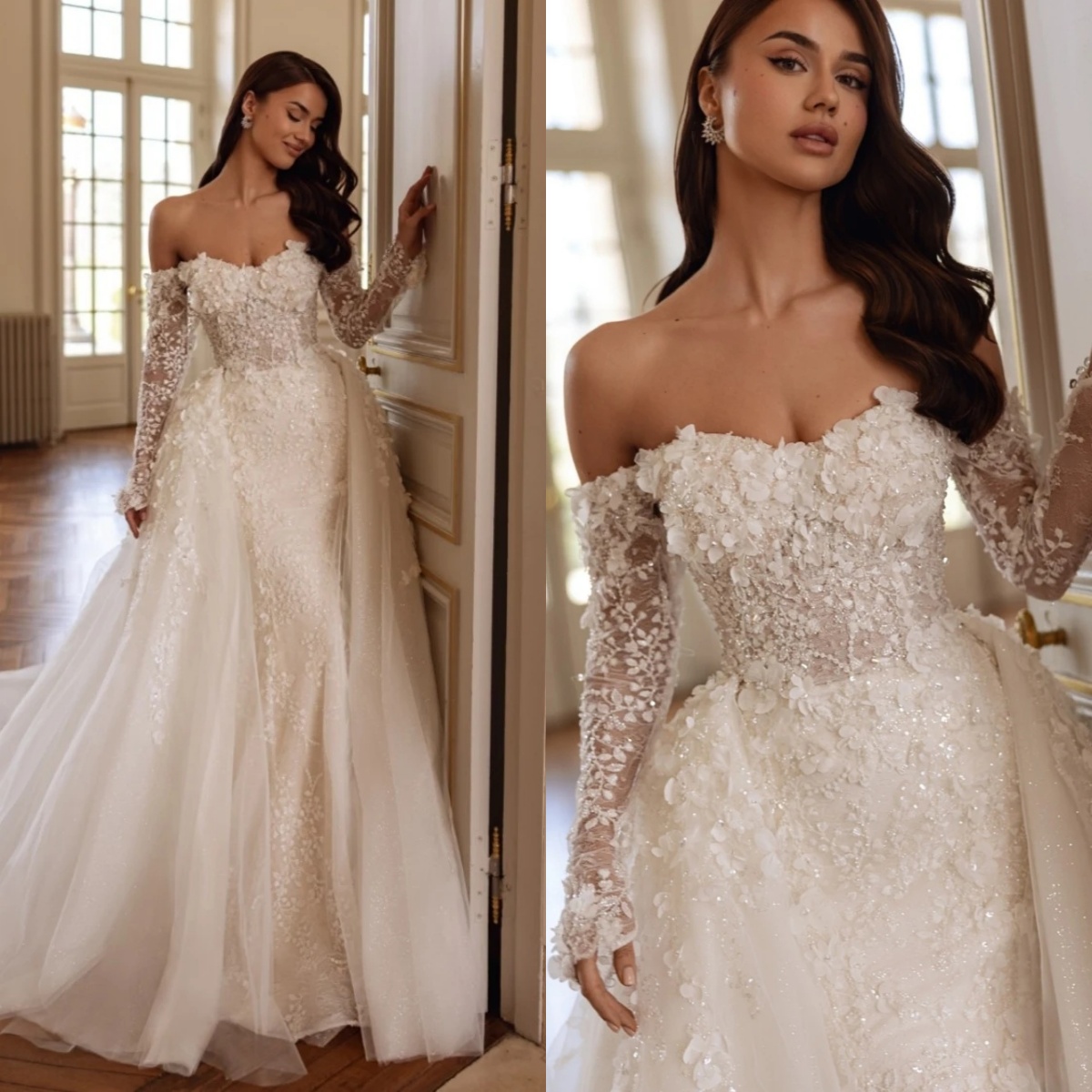 Gorgeous Off Shoulder Wedding Dresses 3D Flowers Bridal Gowns with Detachable Train Long Sleeves Mermaid Customized Vestidos De Novia Plus Size