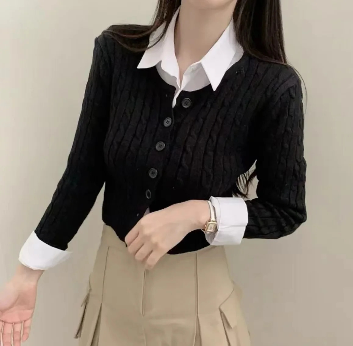 Ribbedd Cable Knit Crop Top for Women Teens Long Sleeve Buttonup Slim Fitted Cardigan Sweater Y2K Kpop Outfit 251029