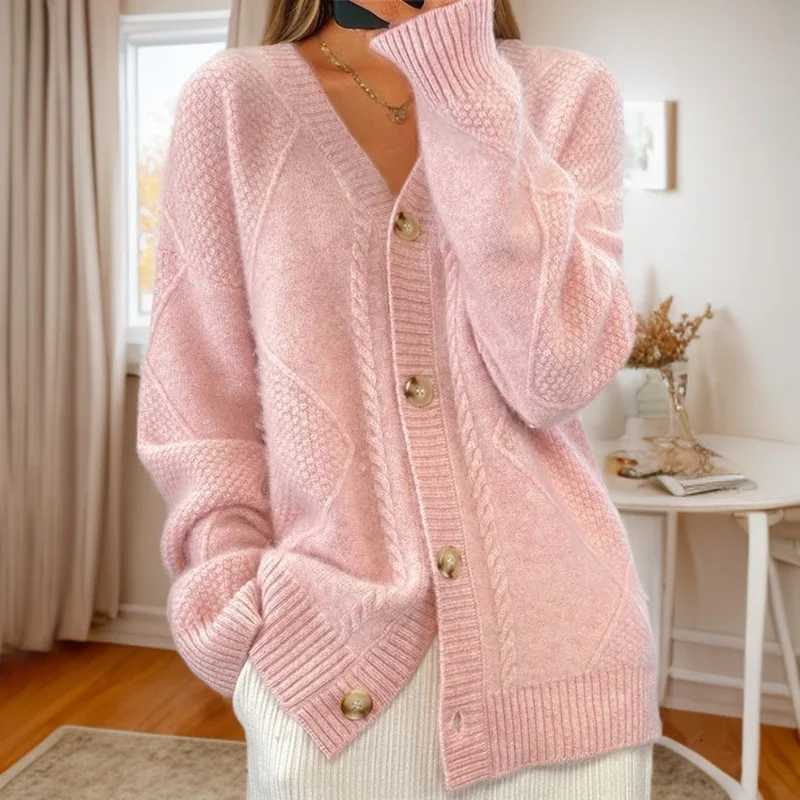 Autumn Winter Solid Color Longsleeved V Neck Knitted Cardigan Breasted Women Top Fashion Jacquard Sweater Versatile Coat FemaleT251028