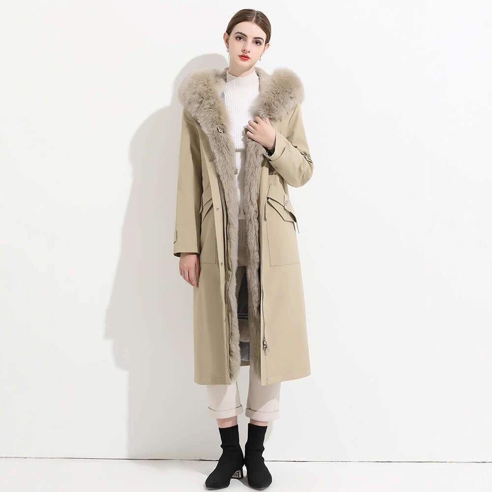 2025 Winter New Style Placket Fox Collar Parka Women's Hooded Long Coat Rex Rabbit Inner Lining Fur Jacket