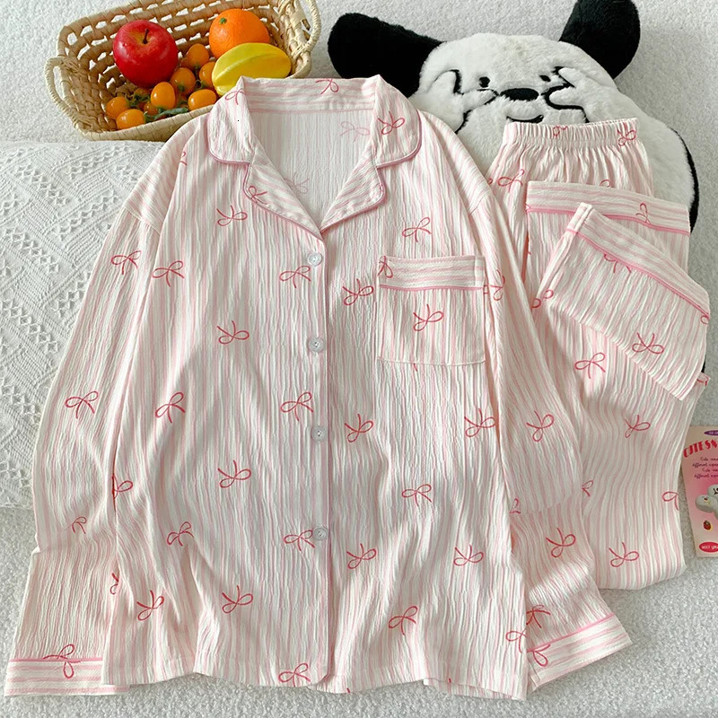 Spring and Autumn Sweet Bow Korean Style Ins Wrinkled Fabric Long Sleeve Cardigan Nightgown Womens HighQuality Homewear Set 251029