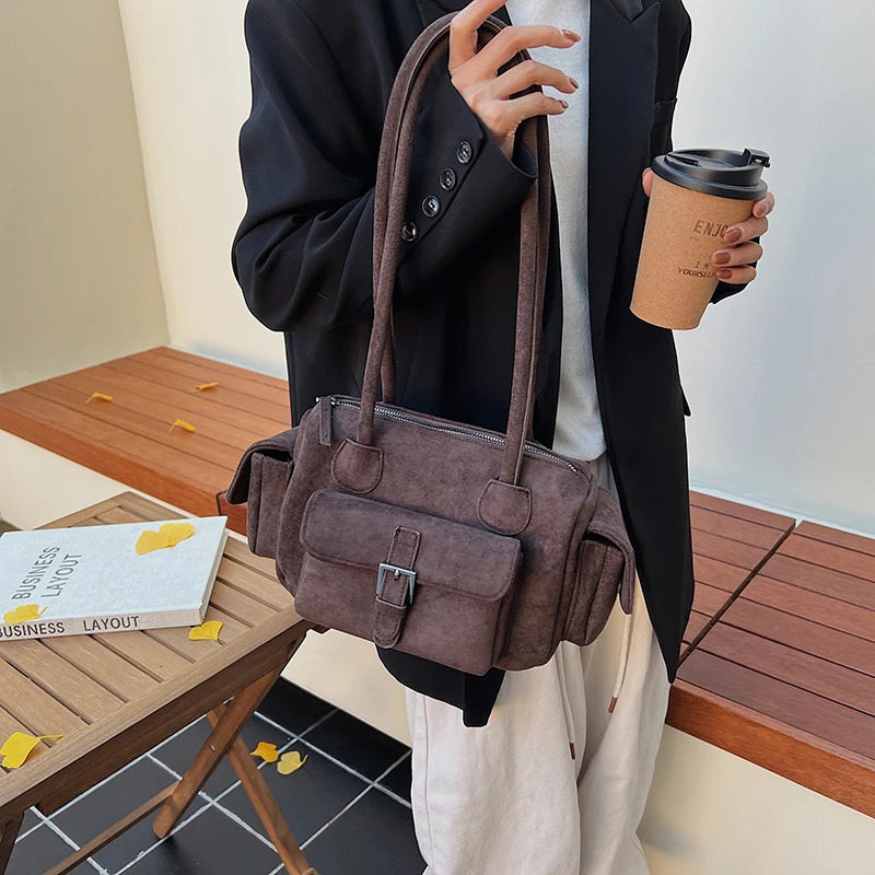 Multipockets Mini Shoulder Bags For Women Faux Suede Pure Color Satchels Bag Autumn Casual Street Small Square Handbag 251029