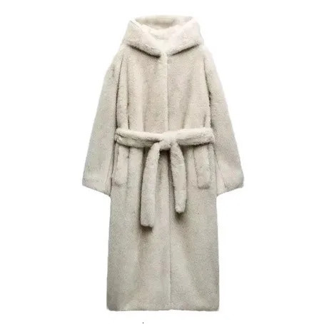 Winter Womens Mink Fur Jacket Lace Up Thickened Warm Pockets Coat For Female Long Hooded Ladys Plush 251028