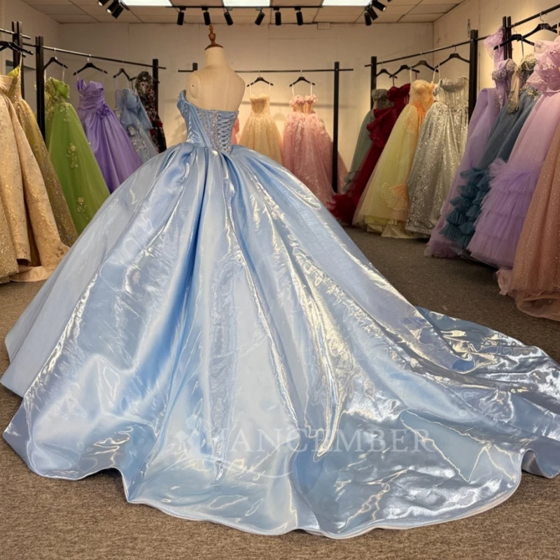 Light Blue Shiny Quinceanera Dresses Off The Shoulder Beading Corset Party Birthday Sweet 16 Dress Vestidos De 15 Anos