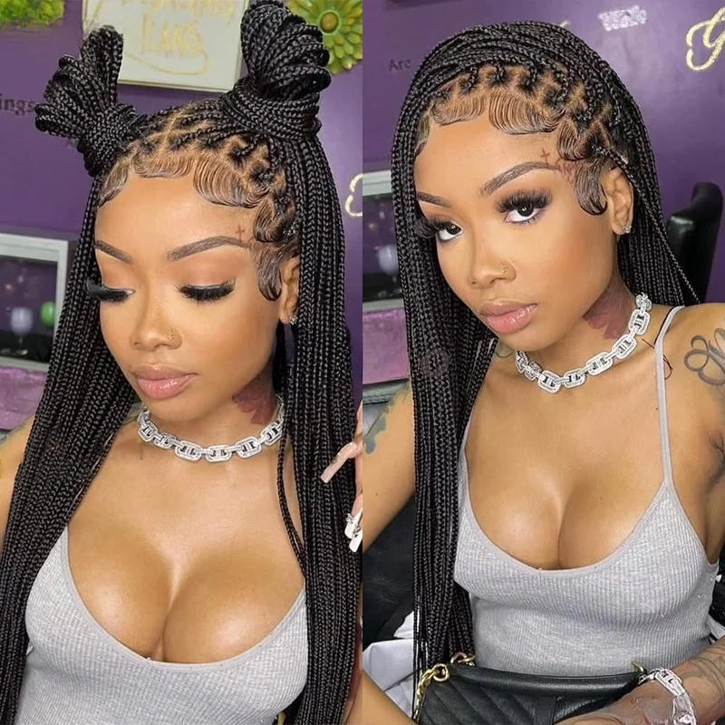 26 Full Lace Wig Black Box Braided Human Hair Wig Glueless Synthetic Lace Front Wig Knotless Cornrow Braid Wig With Baby Hair