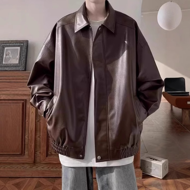 American Style Leather Jacket For Designer Jacket Men Autumn And Winter High-end Feel Cool And Trendy Brand Casual Loose PU Leather Turn-down Collar J