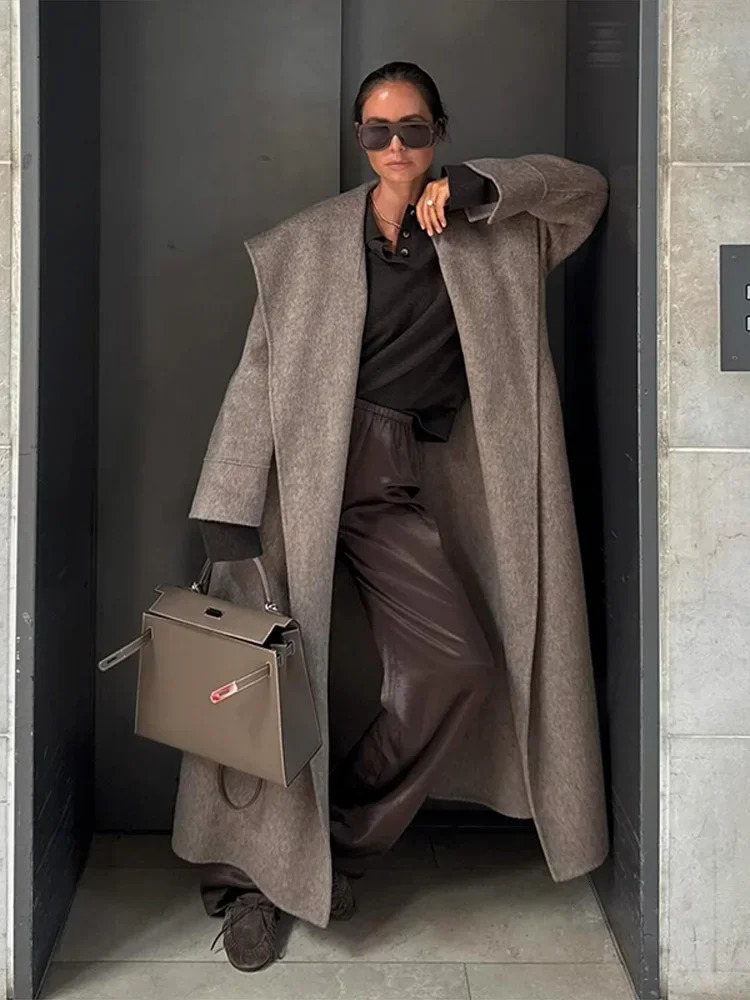 Elegant Wool Women Long Coat Solid Shawl Collar Open Stitch Lace Up Lady Coats 2025 Autumn Winter Fashion Female Outwears 251029