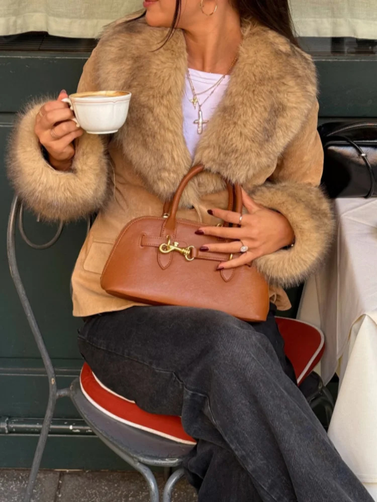 Stylish Faux Fur Patchwork Jacket Women Solid Lapel Long Sleeve Button Pocket Female Coat 2025 Autumn Winter Casual Lady Outwear 251029