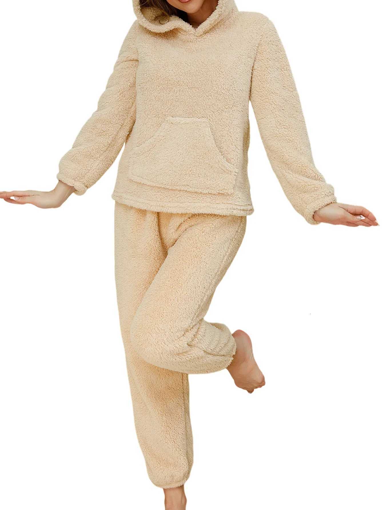 2 Set Winter Thickened Soft Plush Women Flannel Pajamas Set Long Sleeve Hoodie Fleece Loungewear Casual Warm Fuzzy Lounge SetT251029