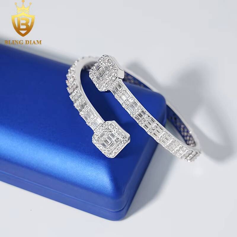 Fine Fashion Jewelry 6mm Open Square Bracelet 925 Sliver Iced Out Baguette Moissanite Cuban Link Bracelets