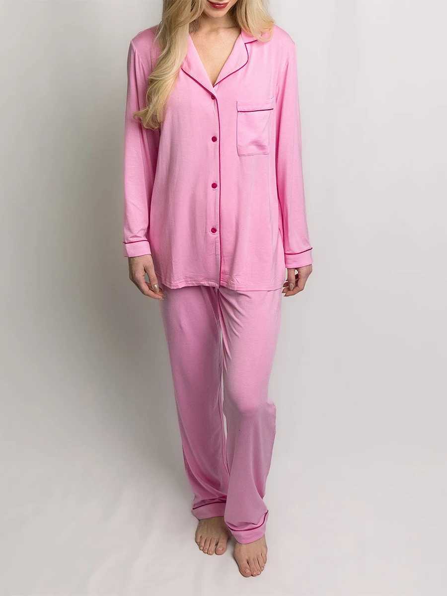 Women 2 Piece Pajama Set Fashion Long Sleeve Button Shirt and Elastic Pants for Loungewear Soft Sleepwear NightwearT251029