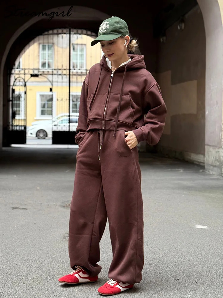Women Tracksuits Winter Fleece Sweatsuit Brown Warm Crop Zipper Hoodies And Sweatpants Set For 2 Piece Velvet Pants Sets 251028