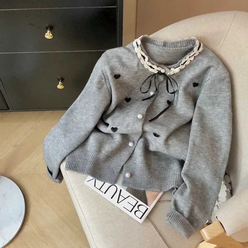 Hearts Spliced Sweater for Women Spring Autumn Harajuku Lace Patchwork Knitted Cardigan Chic Bows LaceUp Button Cardigan JacketT251028