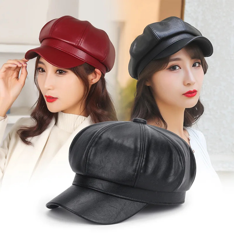 Women PU Leather Berets Cap Hat Black Red Outdoor Adjustable Female Autumn Winter Casual Lady Cap Hat For Women 251029