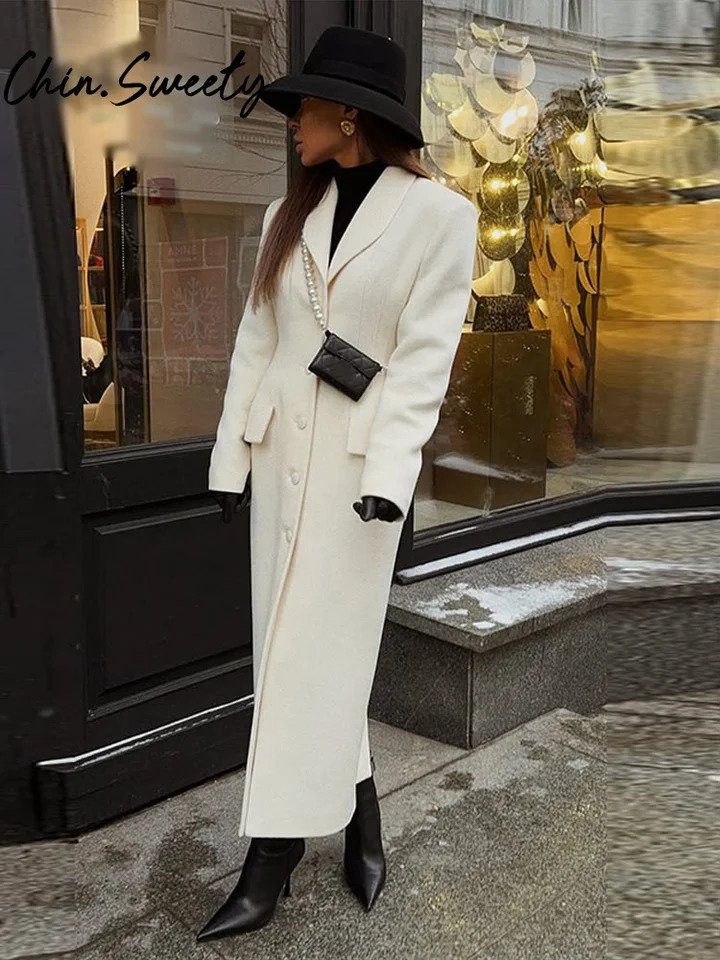 Slim Woolen Long Women Coat Elegant Full Sleeve Lapel Single Breasted Pocket Female Outwear Autumn Winter Chic Lady Jakcet 251028