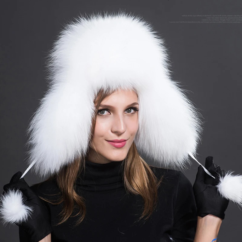 2025 100 Real Fox Fur Hats Womens Russian Ushanka Trapper Snow Skiing Hat Caps Earflap Winter Raccoon Fur Bomber Hat 251029