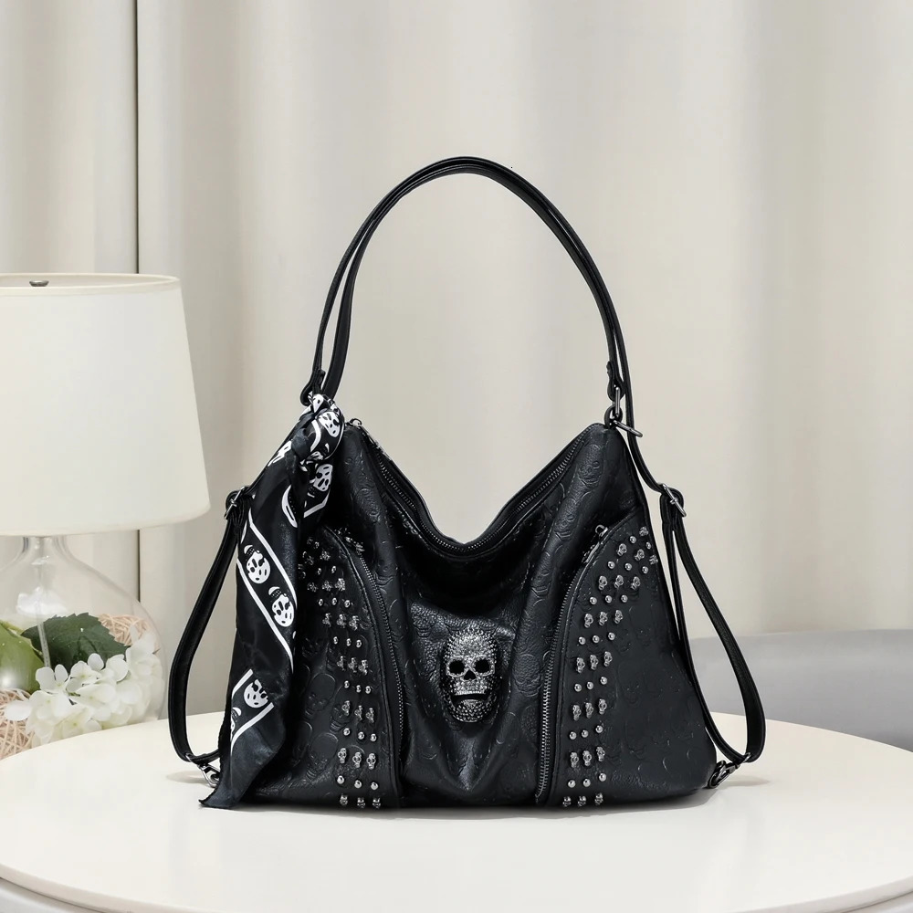 SHELKSBAG Womens Tote Bags Gothic Skull Studded Strap Hobo Handbag Large Capacity Vintage PU Leather Crossbody Shoulder Bag 251029