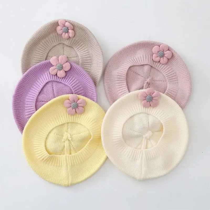 Solid Color Cute Flower Baby Hat Winter Warm Knitted Beanie Cap for Infant Girls Korean Toddler Kids Princess Artist Painter Cap251028