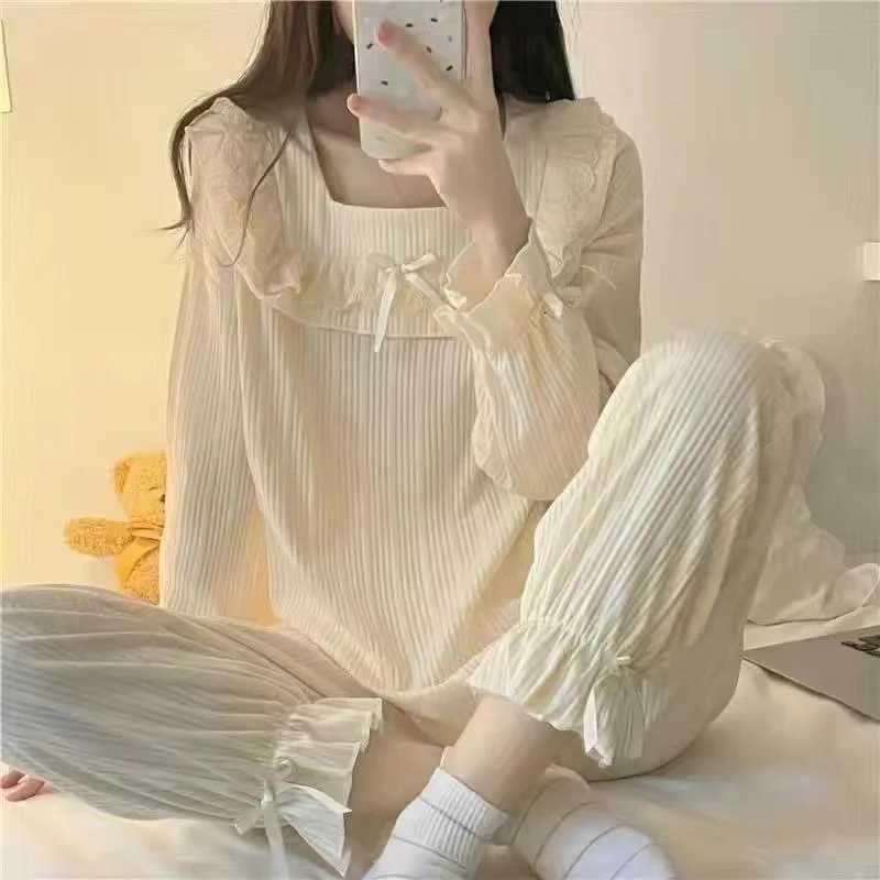 Spring and Autumn New Womens Pajamas Homewear Set of Girls Pajamas Spring and Autumn Lace Pit Stripes Student Pajamas HomewearT251029