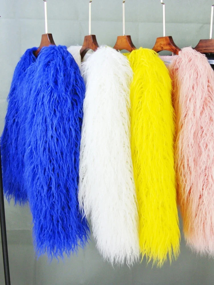 Colorful Warm Faux Women Fur Coat Black White Pink Plush Coat Female Jacket Fur Autumn Winter Shaggy Outerwear High Street 2025 251029