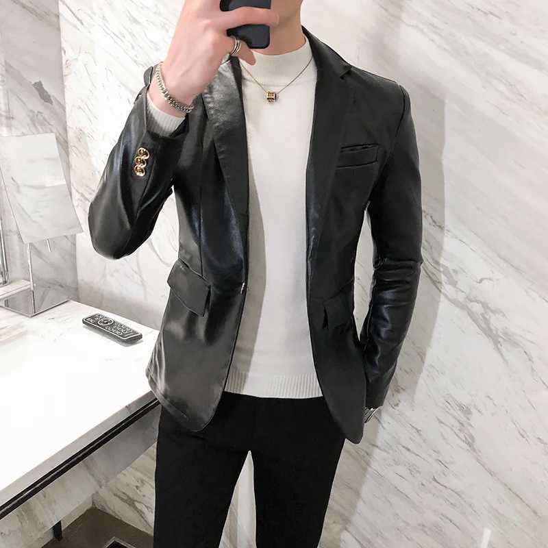 Leather Jacket Men Slim Fit Autumn Streetwear Korean Social Casual Business Solid Red Blazer Coat Fashion Faux PU Suit JacketT251029