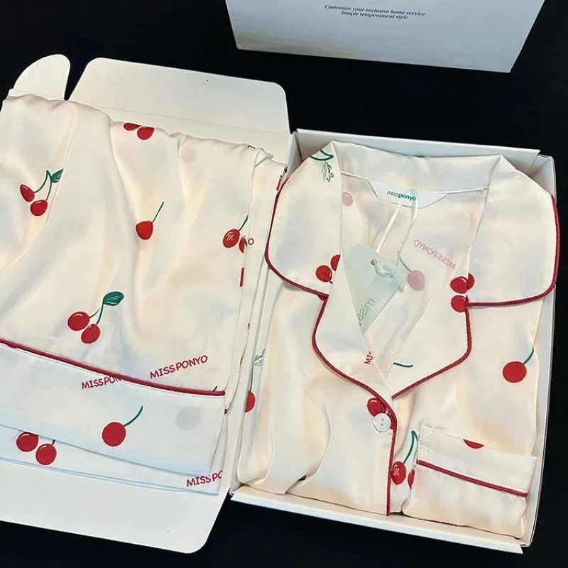 Autumn and Winter Longsleeved Long Trousers Pajamas Female Ice Silk New Silk Cartoon Cherry Print Homewear Suit Women PajamaT251029