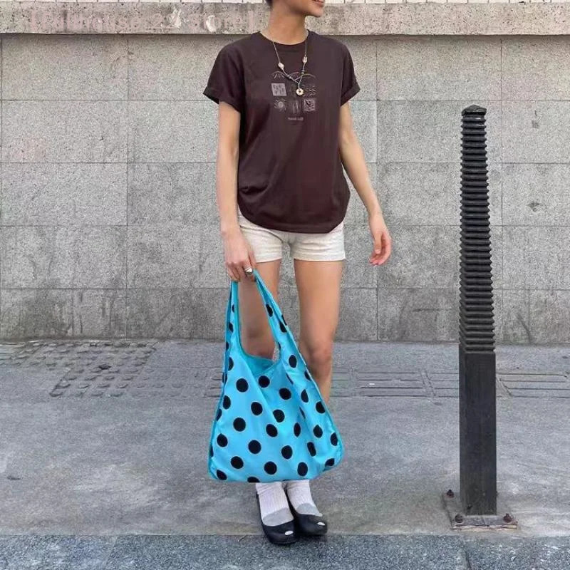 MAX22Fashion Blue Polka Dot Shoulder Bag Korean Simple Underarm Bag Female Versatile Large Capacity Tote Bags Canvas Handbag 251029