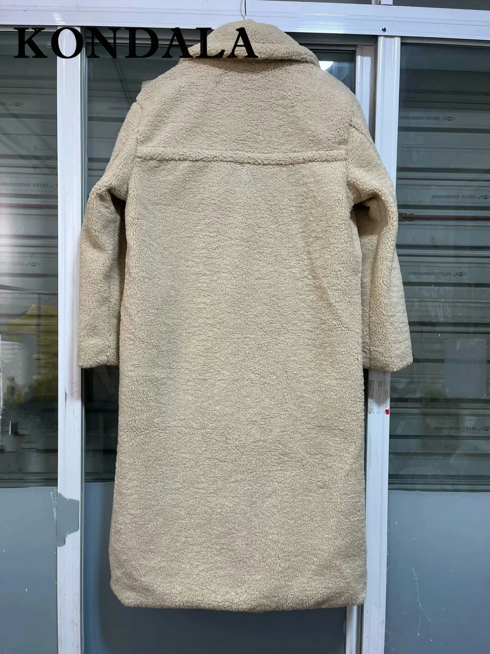 KONDALA Winter Women Casual Solid Coat Double Breasted Fleece Loose Fit Long Vintage Oversized Jacket 251028