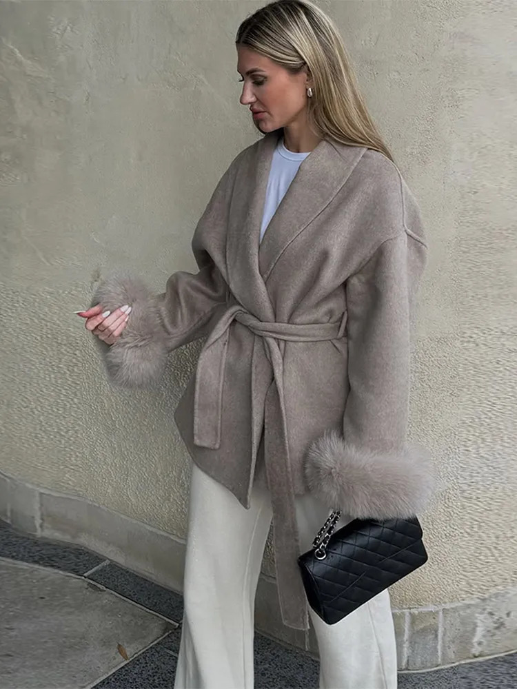 Elegant Lapel Woolen Jacket With Belt Women Autumn Wool Blend Faux Fur Cuffed Sleeve Coats Fashion Lady Lace Up Outerwear 251028