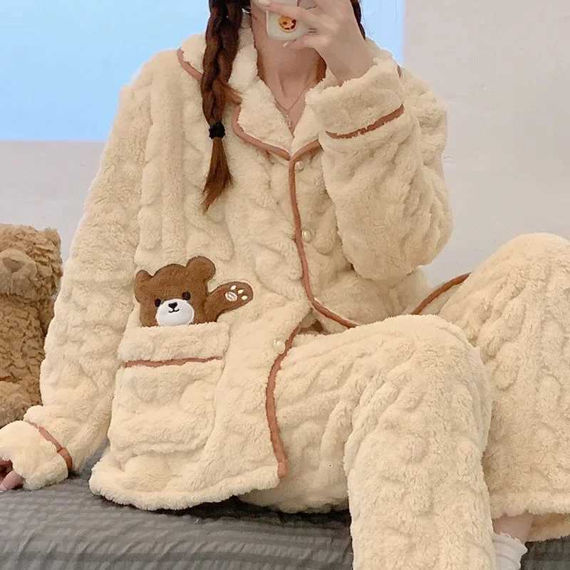 Women Pajamas Thickened Warm Coral Plush Girls Loungewear Sets Cartoon Autumn Winter Famale Sleep Clothes Flannel Homewear SuitT251029