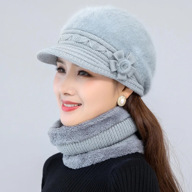 Women Winter Hat Keep Warm Cap Add Fur Lined Hat Scarf Warm Set Fashion Hat For Women Casual Faux Fur Flower Knitted Hat 251029