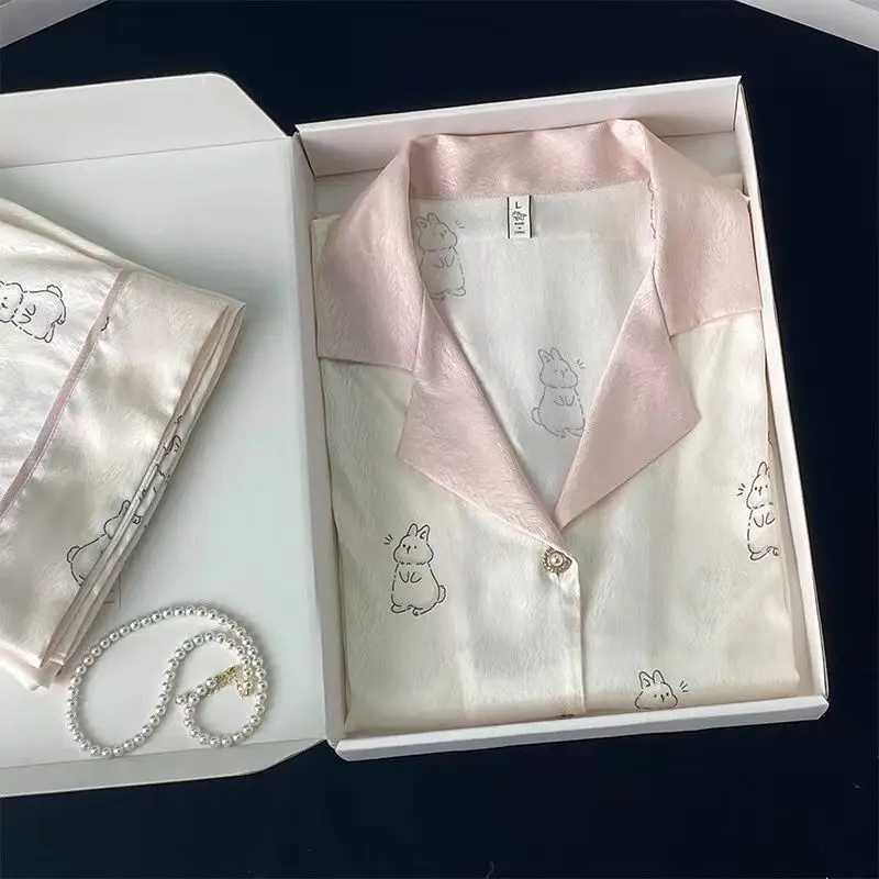 Autumn and Winter Longsleeved Long Trousers Pajamas Female Ice Silk New Silk Cartoon Cherry Print Homewear Suit Women PajamaT251029