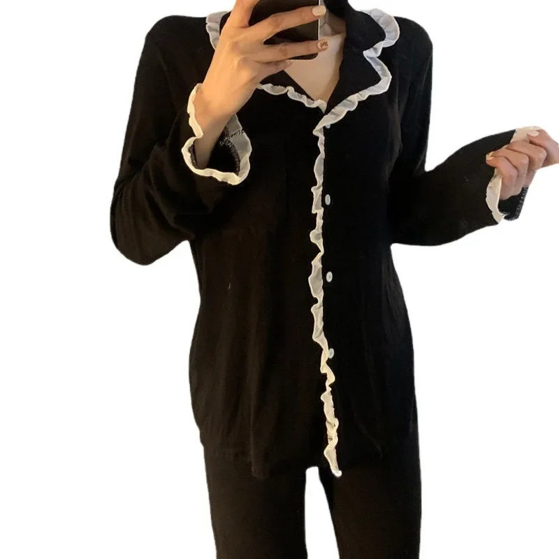 Ladies Pajamas Sexy Lace Long Sleeve Pants Simple Black Spring Summer Cardigan Student Loungewear Plus Size 2 Piece Set 251029