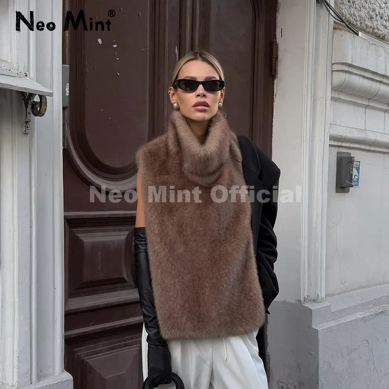 Neo Mint Fashion Faux Fur Sable Vest Crop Top Autumn Winter Turtleneck Eco Mink Tank Tops Sleeveless Jacket Coat 251028