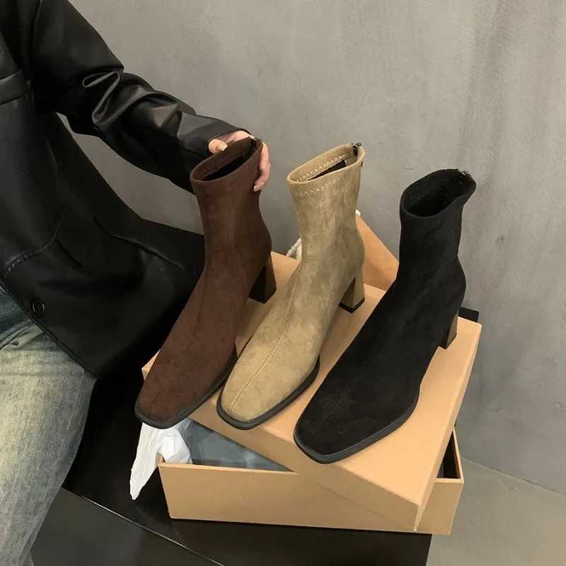 Vintage Women Ankle Boots 2025 Fashion Square Toe Thick High Shoes Autumn Winter New Ladies Elegant Stretch Slim Short Booties Z251029