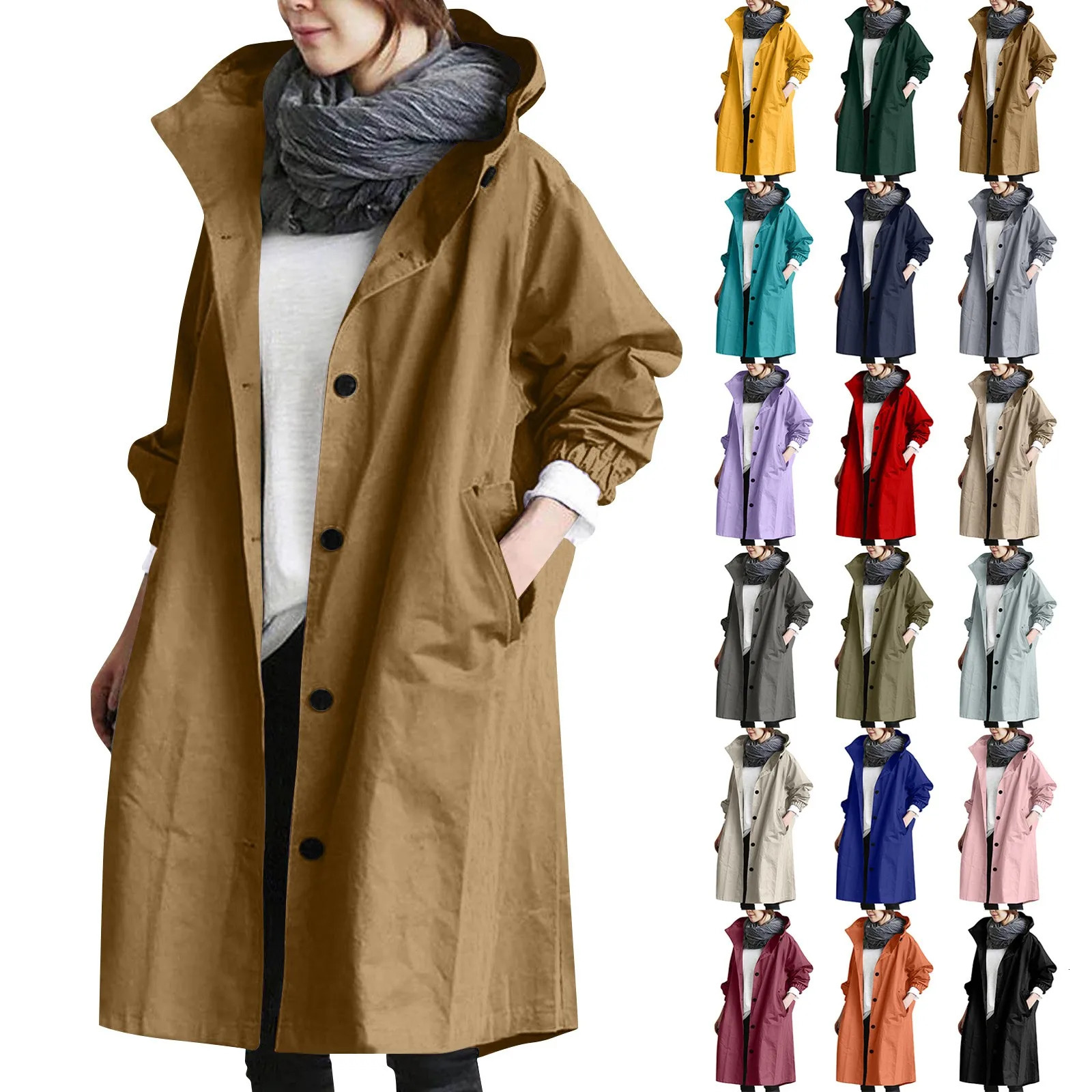Trendy Womens Long Trench Coat Womens Solid Color Elegant Windbreaker Loose Comfortable Hooded Temperament Ladies Raincoat 251029