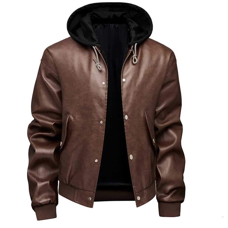 Hooded PU Jacket Men Spring Autumn Motorcycle Biker Jacket Coat Fashion Casual Solid Color Cargo Jacket Male PU Coat BlackT251029