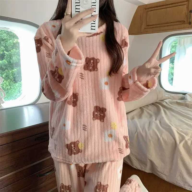 Warm Coral Fleece Pajama Set Two Piece Loungewear with Peach Bear Print Cozy Winter Sleepwear Christmas Gift for Women and GirlsT251029