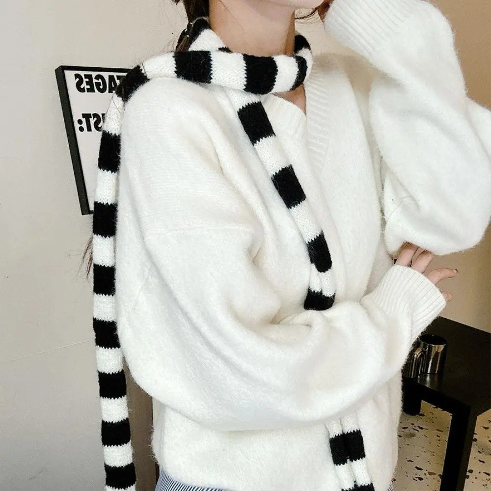 Y2k Black Grey Stripe Long Scarves Women Harajuku Cotton Scarves Black And White Striped Scarf Thin Long Decorative Neckerchief 251029