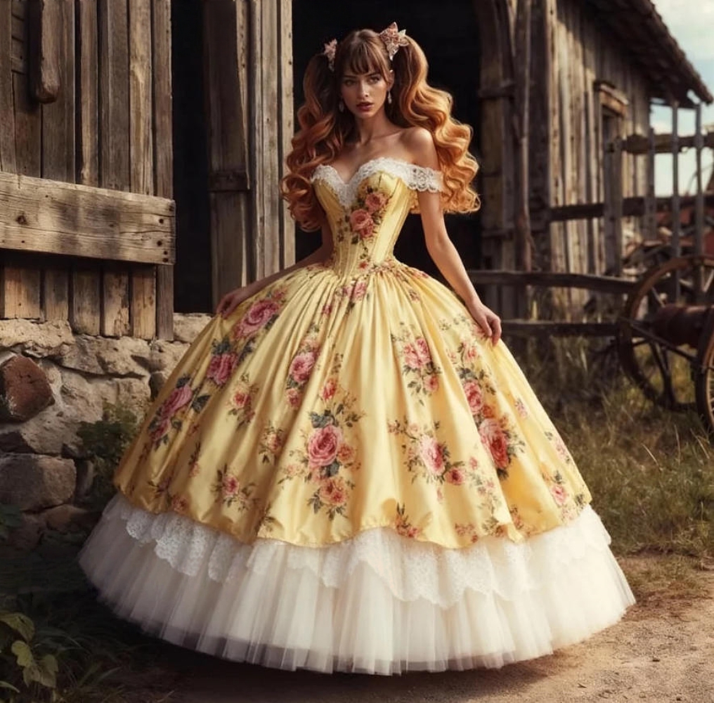 Vintage Floral Printed Prom Dresses Yellow Ball Gown Floor Length Off Shoulder Princess Evening Dress Masquerade Costume Special Occasion Gowns