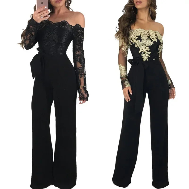 Appliques Lace Patchwork Jumpsuit Women Sexy Off Shoulder Slash Neck Long Sleeve Elegant Wide Leg Pants Party Overalls 251029