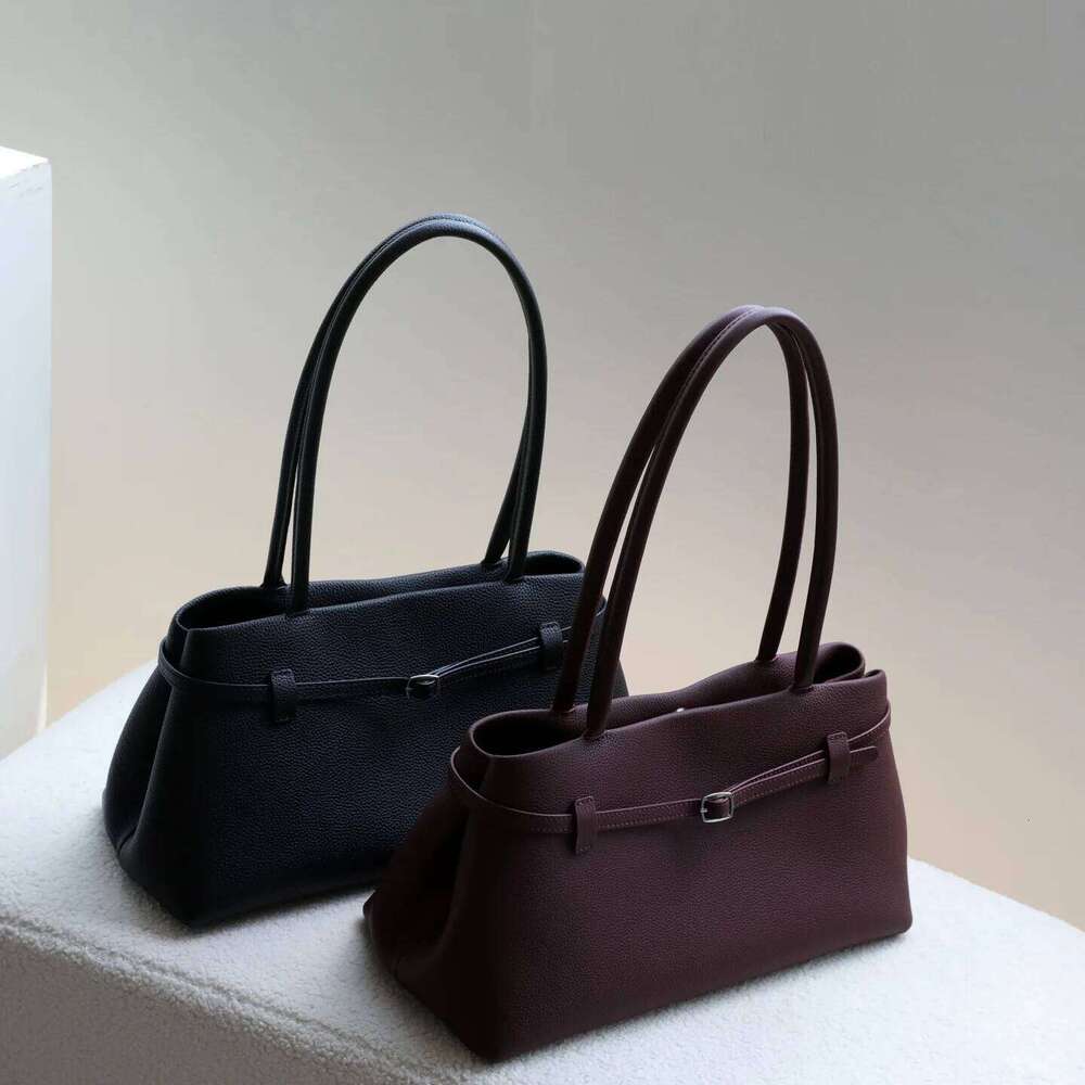 Top Layer Cowhide Lychee Pattern Women's Niche Design Belt Decorative Handbag Simple Large Capacity Single-Shoulder Tote Bag Suotong1029