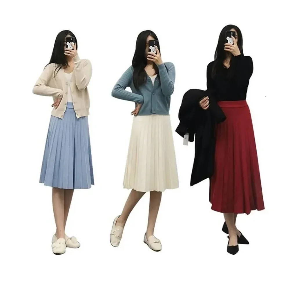 Women Knitted Midi Skirt Elegant Black ALine High Waist Pleated Long Skirt Korean 2024 Spring Autumn Winter Faldas Femme Jupes 251028