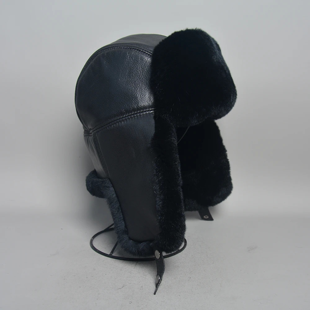 Unisex Real Rex Rabbit Fur Bomber Hat Ushanka Cap Trapper Russian Men Women Ski Hats Caps Sheepskin Leather Winter Warm 251013
