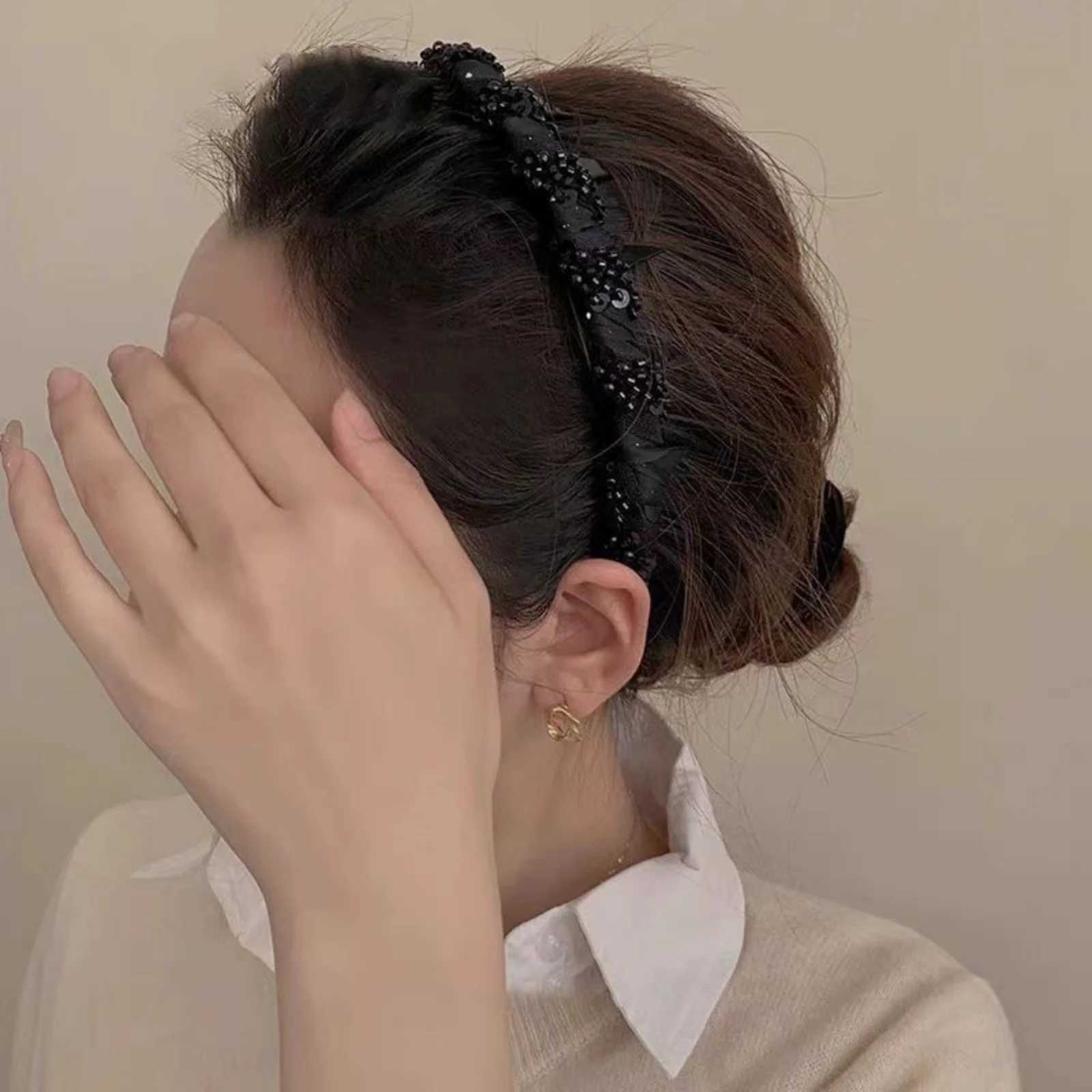 1PC 2 Way Wear Beaded Headband Fix Broken Hair Elevate Crown Chic Black Hair Accessory for Daily Party LooksW251028