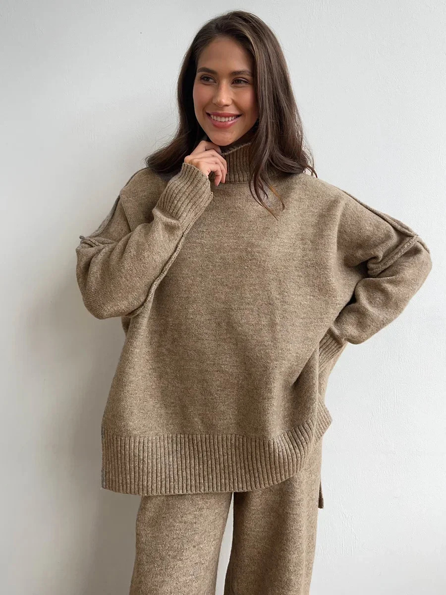 Bornladies Womens Autumn Winter Turtleneck Sweater Pants Set Loose Casual Knitted Thicke Pullover 2 Pieces Sets 251028