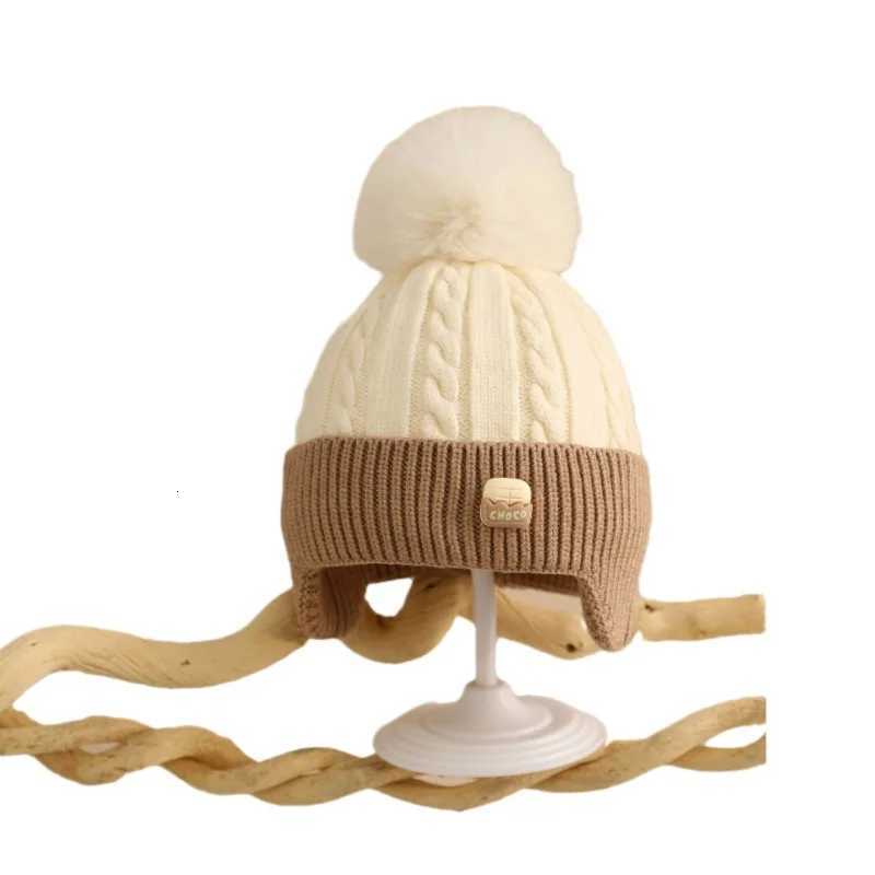 1 Piece Warm Baby Beanie for Boy Girl Beige Coffee Color Cartoon Flap Crochet Bonnet for Toddler Autumn Winter Knitted Hat251028