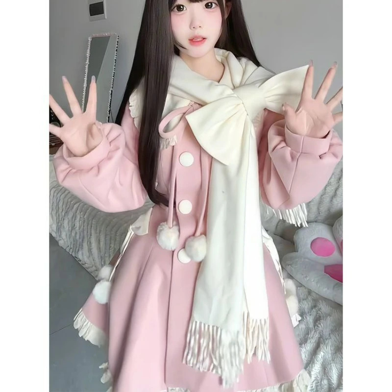 Japanese Kawaii Cute Woolen Coat Women Sweet Ruffles Peter Pan Collar Slim Cotton Bow Scarf Jacket Female Winter Parkas Coats 251029