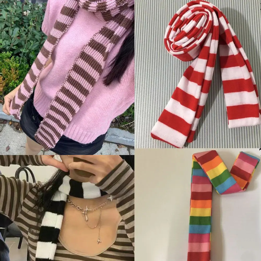 Multicolor Thin Stripe Scarf Knitted Slim Narrow Ribbon Scarves Allmatch Decorative Waistband Unisex Street Casual Neckerchief 251029
